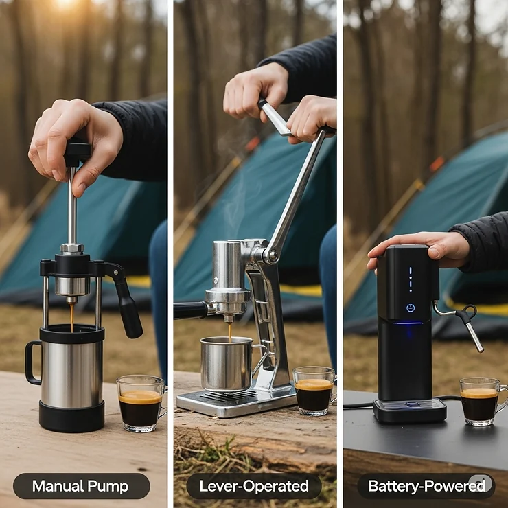 A visual comparison of different types of portable espresso machines suitable for camping, including manual pumps, lever-operated models, and battery-powered options.