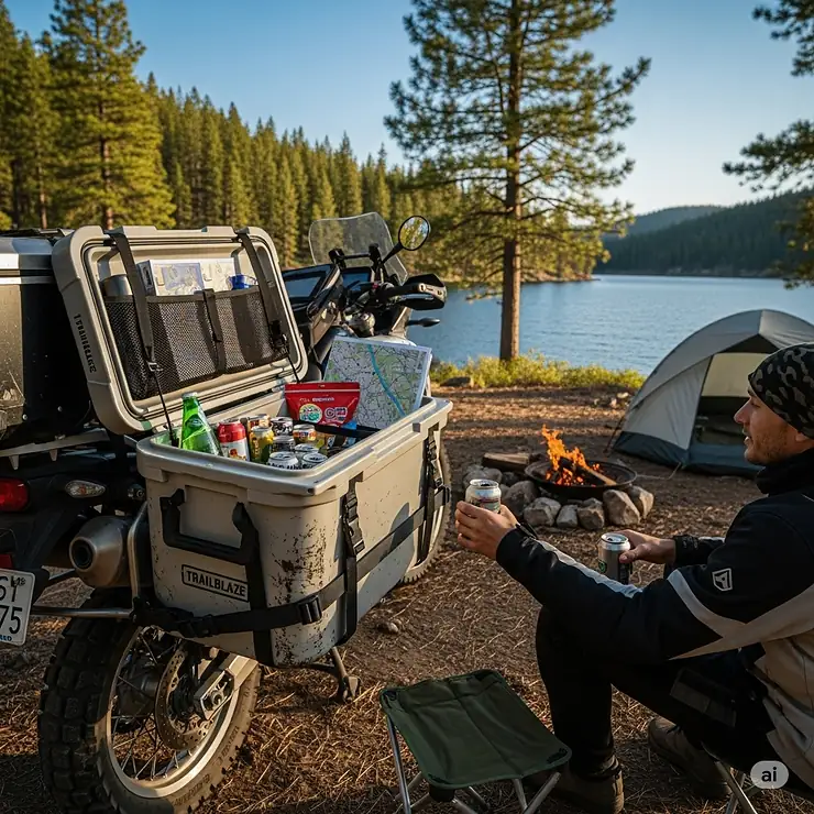 A reliable cooler in use at a picturesque campsite, demonstrating its utility as the best cooler for motorcycle camping.
