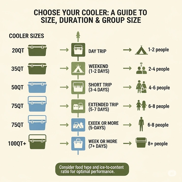 An infographic comparing various cooler sizes (quarts) to typical camping durations and group sizes, helping campers choose the best size cooler.
