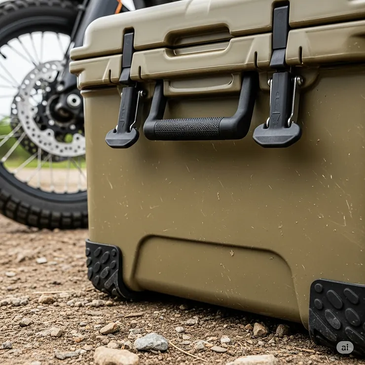 Detailed view of a cooler's durable latches and non-slip feet, showcasing essential features for motorcycle camping.