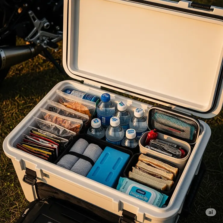 Inside view of a well-packed cooler, demonstrating efficient use of space for food and drinks on a motorcycle camping trip.