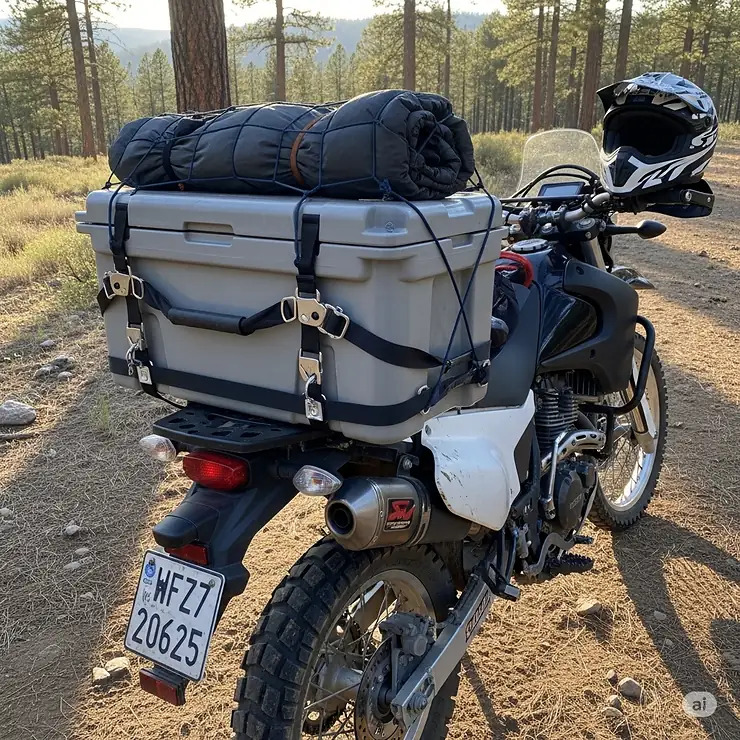 A robust cooler securely strapped to the rear of a motorcycle, showing practical mounting solutions for motorcycle camping adventures.