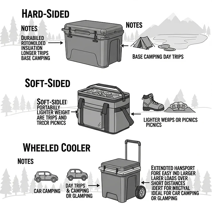 A visual representation of hard-sided, soft-sided, and wheeled coolers, with notes on how their design impacts what is the best size cooler for different camping styles.