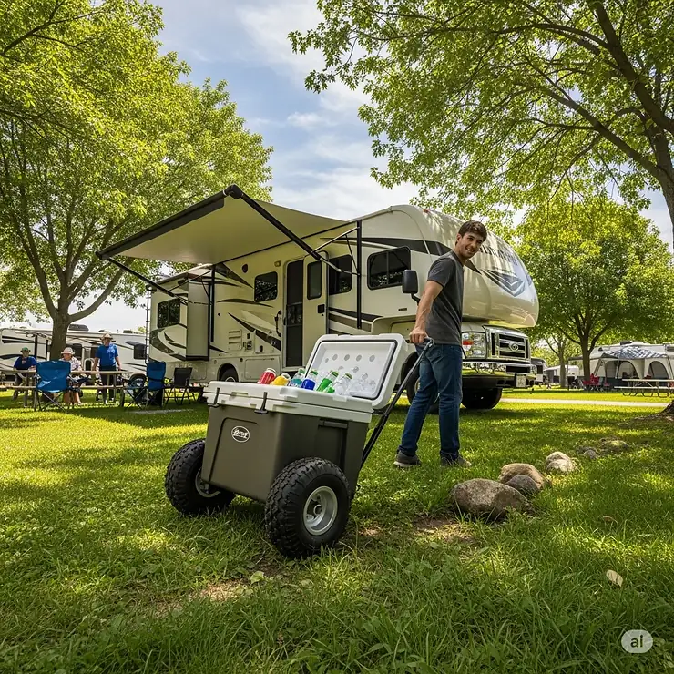 An RV camper effortlessly rolling a cooler with heavy-duty wheels across a grassy campground, showcasing the convenience of mobility.