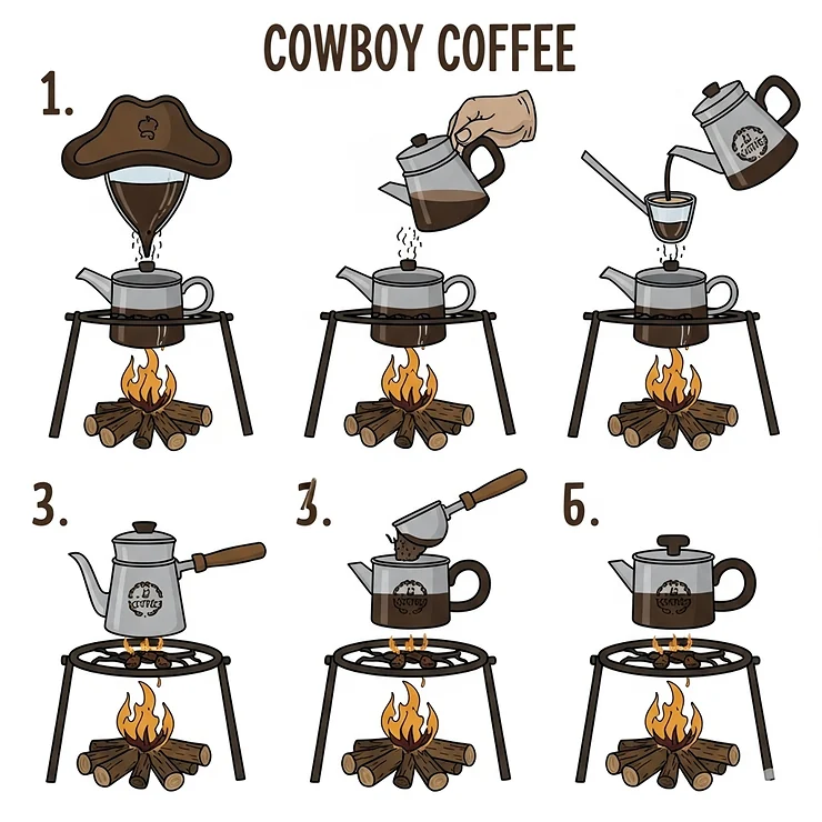 A step-by-step diagram illustrating how to make cowboy coffee directly in a pot over a campfire, a traditional method for making coffee in the backcountry.