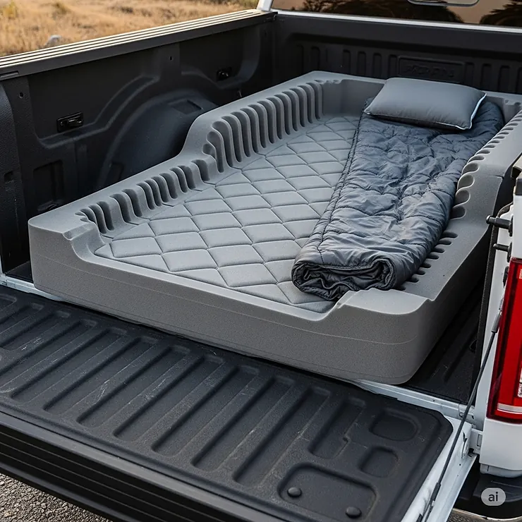A detailed image of a custom-molded truck bed mattress, showing its precise fit within the dimensions of a specific truck model for a seamless look.