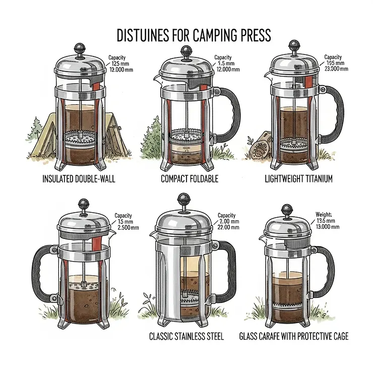 An illustration comparing various types of camping French presses, including insulated and compact designs.