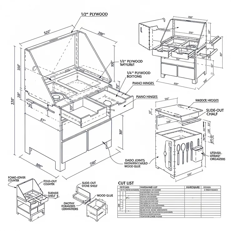Detailed blueprint-style drawing or plan for a DIY camping kitchen chuck box, showing measurements and materials needed for a homemade build.