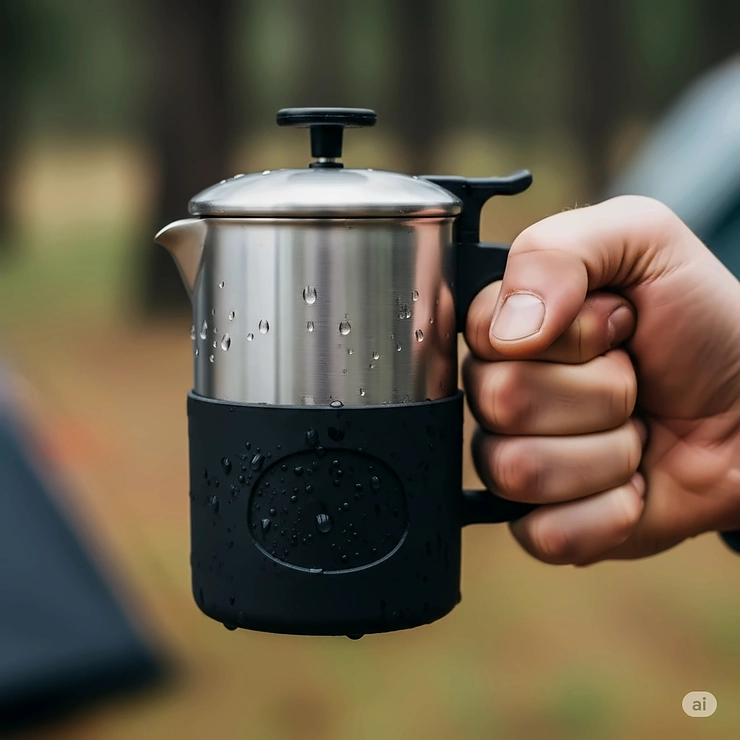 A hand holding a durable, insulated camping French press, highlighting its protective outer shell and secure lid for travel.