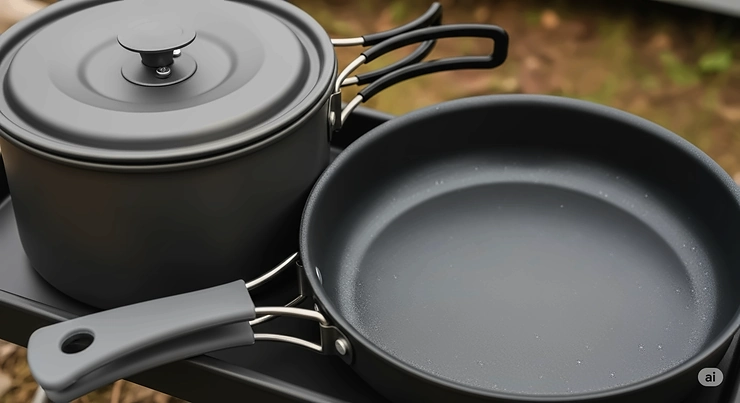 A close-up shot of a durable, non-stick cookware set from a camping kitchen kit, including a pot with a lid and a frying pan, ideal for outdoor use.