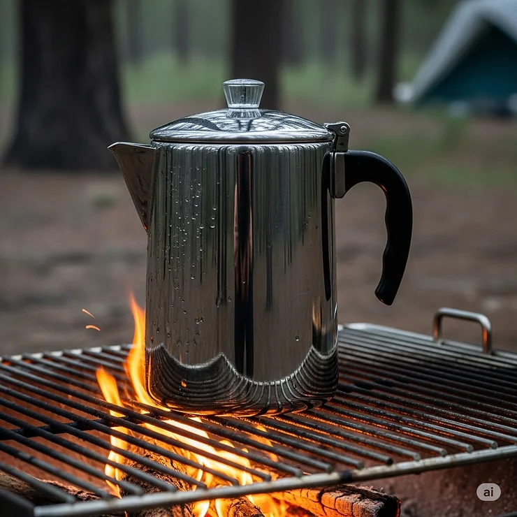 Close-up shot of a durable, polished stainless steel camping coffee percolator sitting on a campfire grill, highlighting its robust construction.