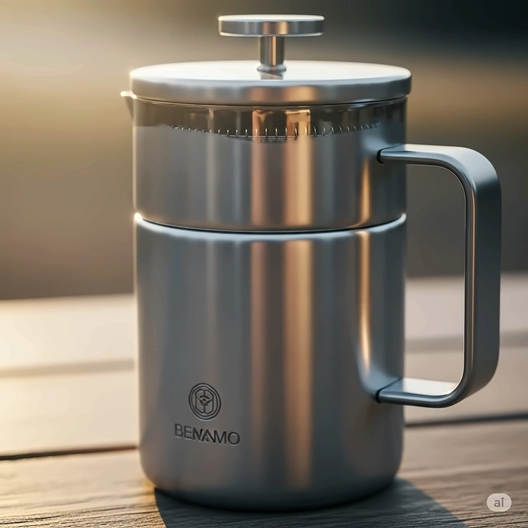 A photo emphasizing the durable, double-walled stainless steel construction of the portable French press.