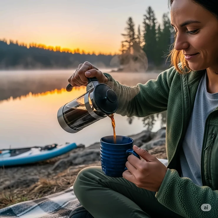 A lifestyle shot of someone enjoying a freshly brewed cup of coffee from their travel French press while sitting by a lake.