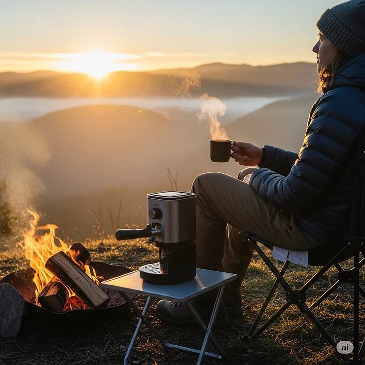A serene scene of someone enjoying a steaming cup of freshly brewed espresso, made with their camping espresso machine, while sitting by a campfire at sunrise.