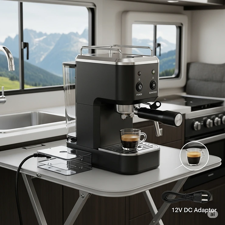 An espresso maker designed to be compact and efficient for RV travelers.