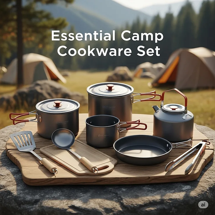 Graphic displaying a complete set of essential camp cookware, including pots, pans, and a kettle, perfect for a versatile camping kitchen station.