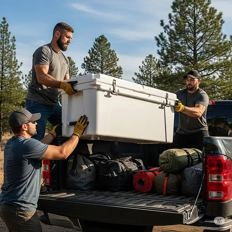 An extra-large 95-quart cooler being loaded into a truck, showing the best size cooler for long expeditions or very large camping gatherings.