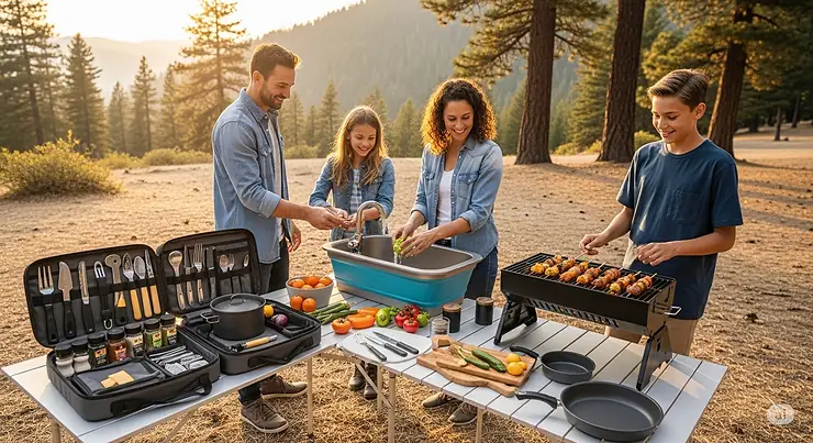 A family gathered around a fully set up outdoor kitchen, with a comprehensive camping kitchen kit providing all the tools for a shared meal.