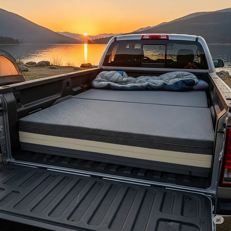 A high-density foam mattress shaped to fit snugly into a truck bed for a comfortable night's sleep.