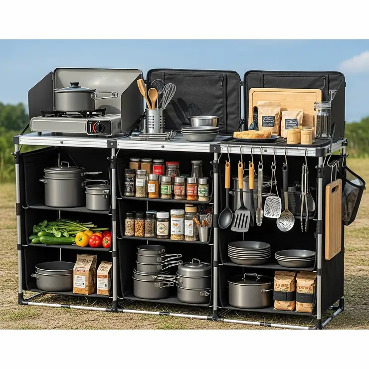The foldable camping kitchen with all its storage compartments and shelves visible, organized with cooking supplies.