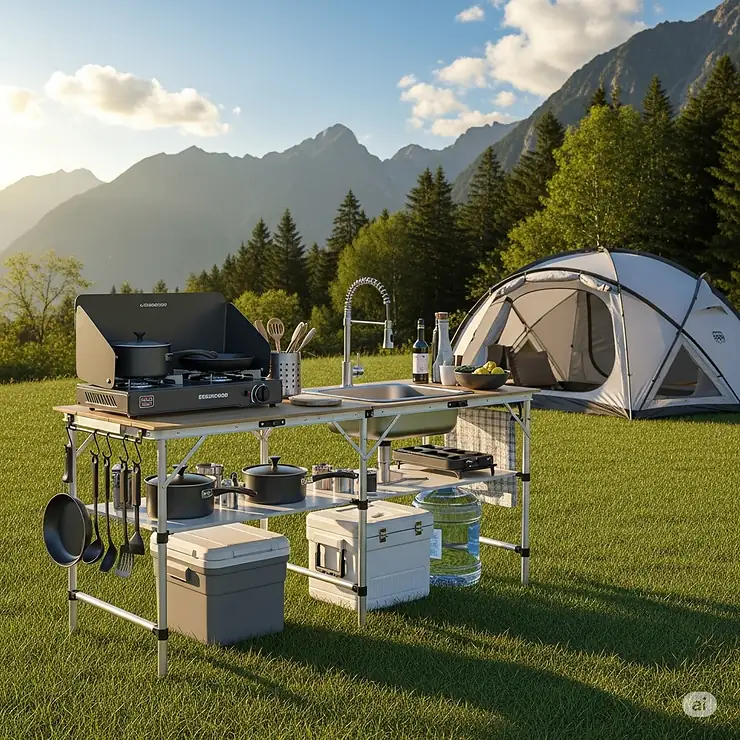 A complete foldable camping kitchen setup at a scenic campsite with a tent in the background.