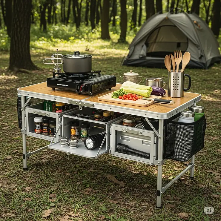 Depiction of a foldable camping table designed with integrated storage compartments, providing a practical workspace for a camping kitchen station.