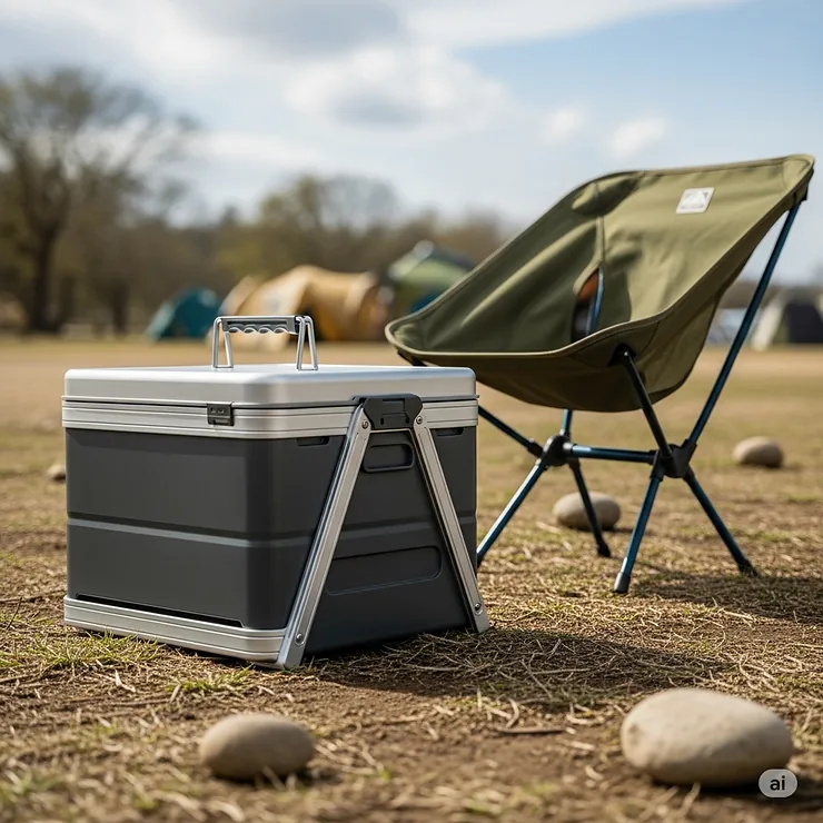A photo of the camping kitchen folded down into its compact, portable size next to a camping chair.