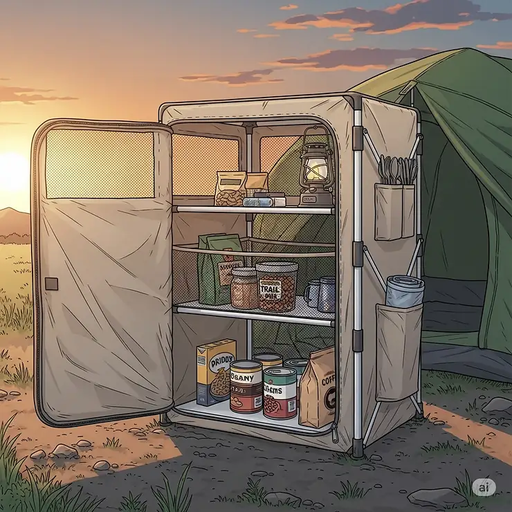 An illustration of a folding camp pantry with multiple shelves, providing ample and secure storage for food and supplies at the campsite.