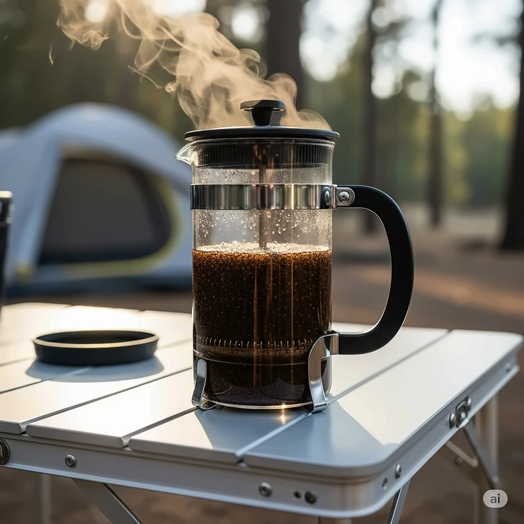 A close-up shot of a portable French press with ground coffee being steeped, showing a simple and effective method for making coffee while camping.