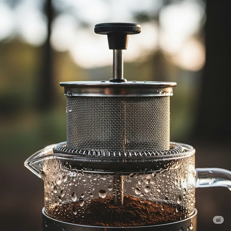 A close-up showing the mesh filter and plunger mechanism of a camping French press designed for a smooth, sediment-free brew.
