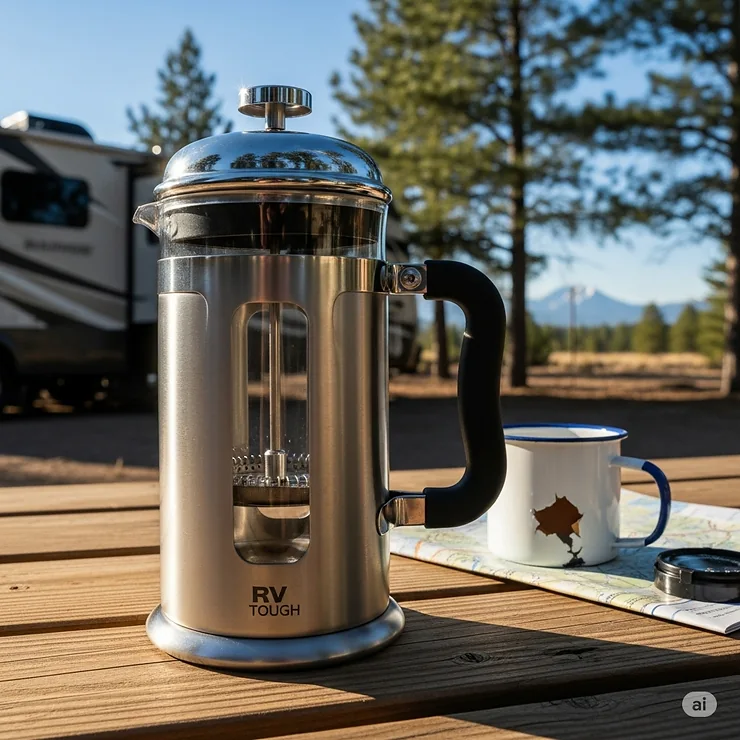 A durable French press coffee pot specifically made for rugged RV use.