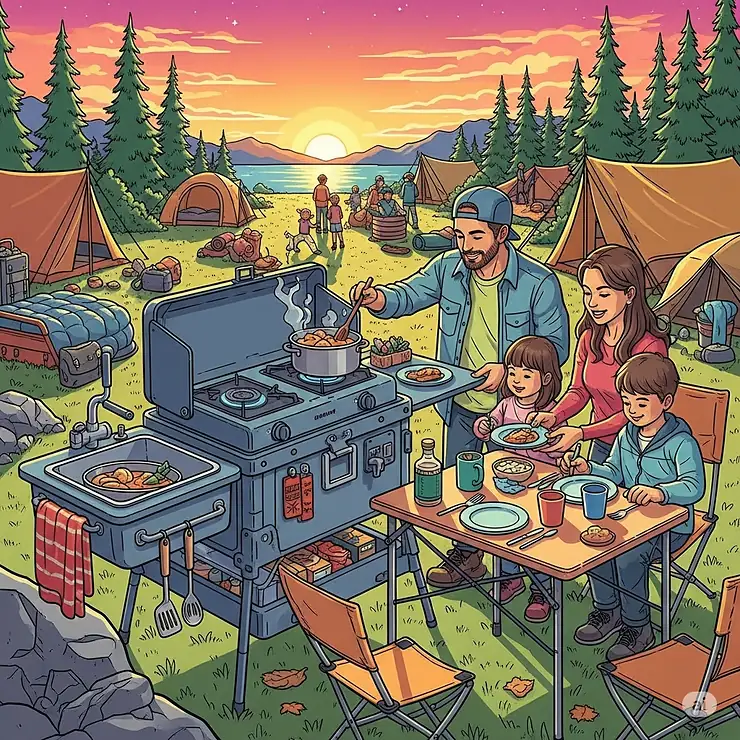 A vibrant illustration of the complete portable camp kitchen setup at a campsite, with a family enjoying a meal while cooking on the integrated stove.