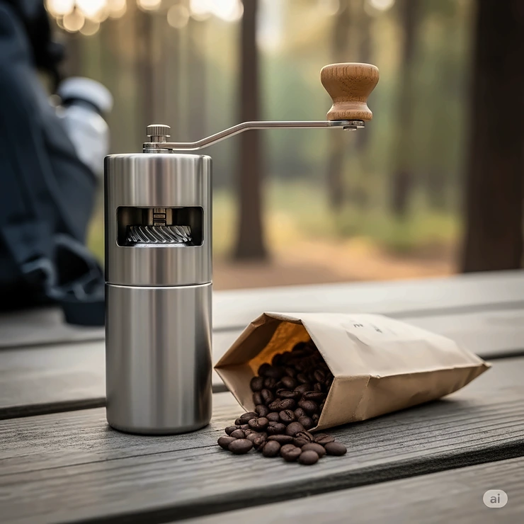 An image showing a portable, hand-crank coffee grinder next to a small bag of coffee beans, a great way to ensure fresh coffee while backpacking.