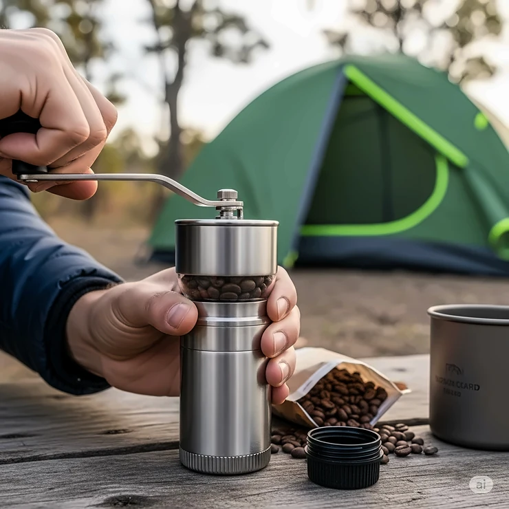 A person's hands operating a portable manual coffee grinder next to a tent, preparing fresh beans for a delicious camping pour over coffee.