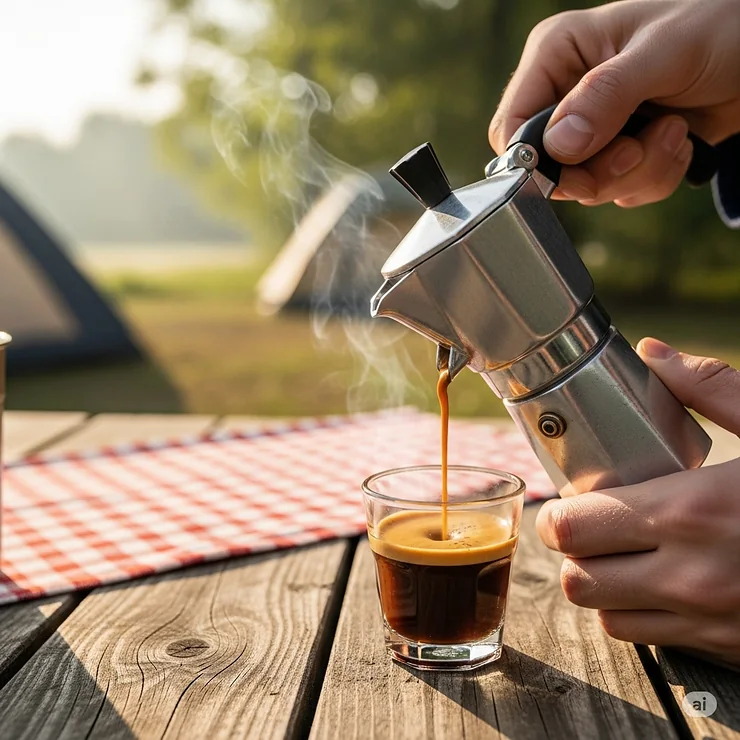 A close-up shot of a handheld espresso maker being used to brew a rich, dark espresso at a rustic wooden picnic table in a campsite setting.