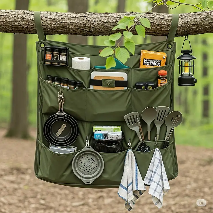 A hanging camp kitchen organizer with multiple pockets, suspended from a tree branch, holding various cooking supplies.