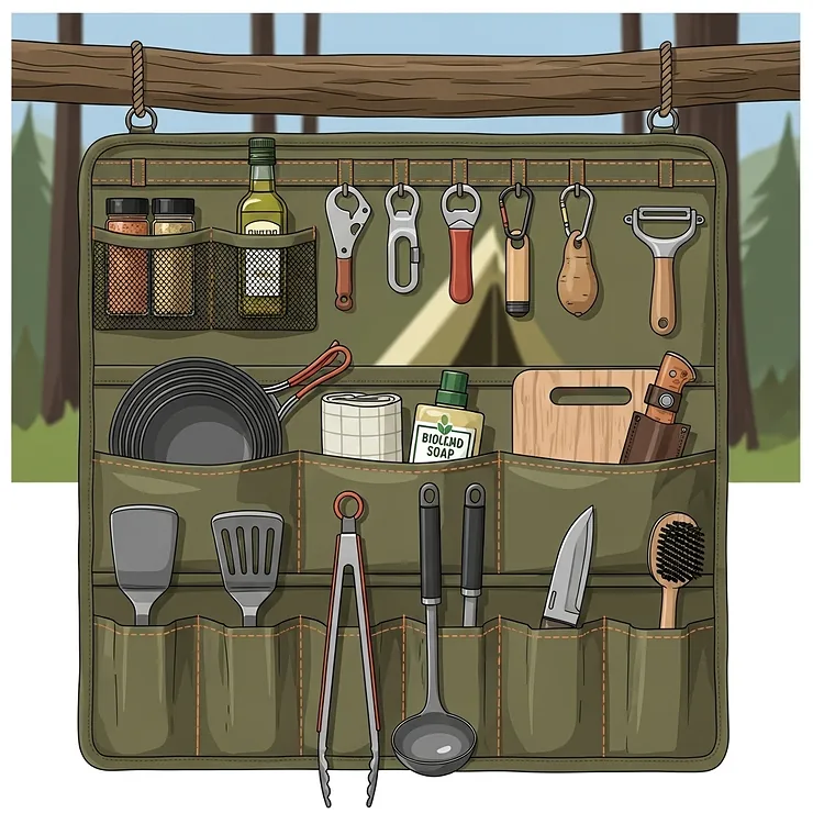 A graphic illustration of a hanging camping kitchen organizer with multiple pockets, perfect for storing utensils, spices, and small tools.