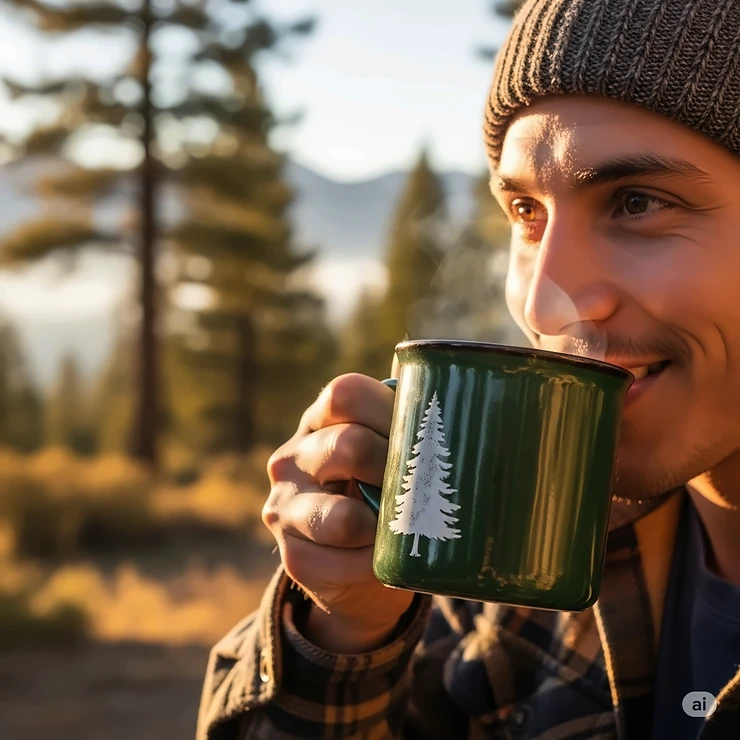 A happy camper smiling while taking a sip from their favorite camping coffee mug, conveying the enjoyment of the outdoor coffee experience.