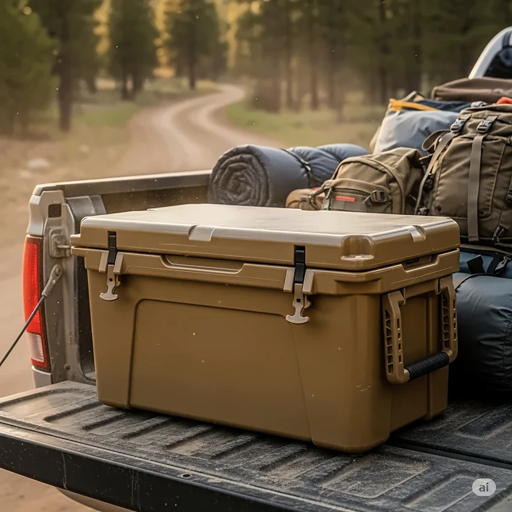 A rugged, hard-sided cooler with strong latches and handles, emphasizing its durability and secure design for traveling on bumpy roads to a campsite.