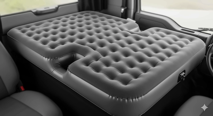 A high-angle view of a heavy-duty air mattress with a flocked top, suitable for comfortable sleeping in a truck.