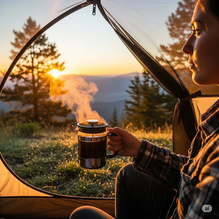 A person holding a steaming mug of coffee from their French press, enjoying the sunrise from their tent on a crisp morning.