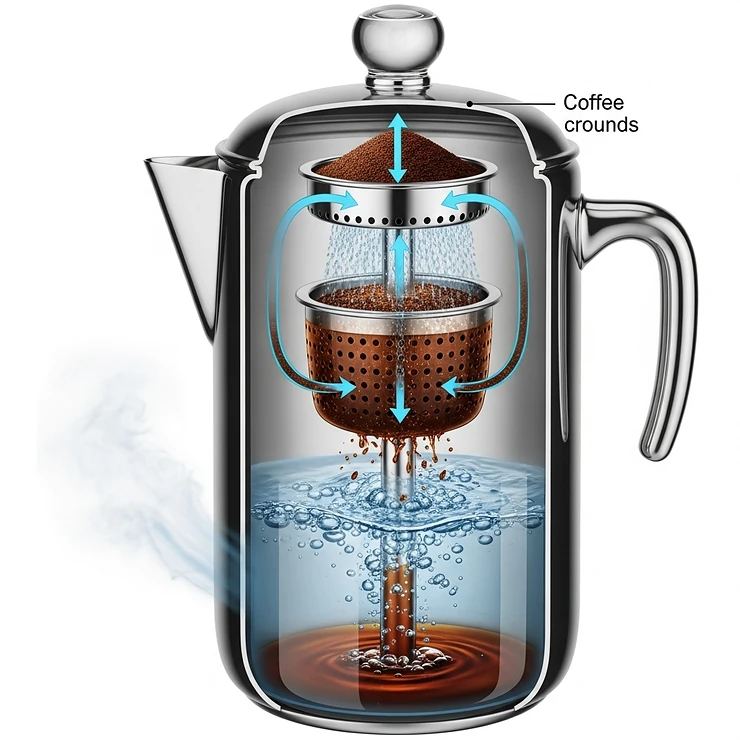 Diagram illustrating the process of how a camping coffee percolator works, showing how boiling water is forced up a tube and filters through the coffee grounds before dripping back down.