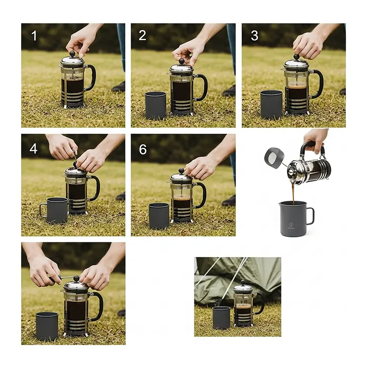 A step-by-step image guide demonstrating how to use a camping French press to make fresh coffee outdoors.