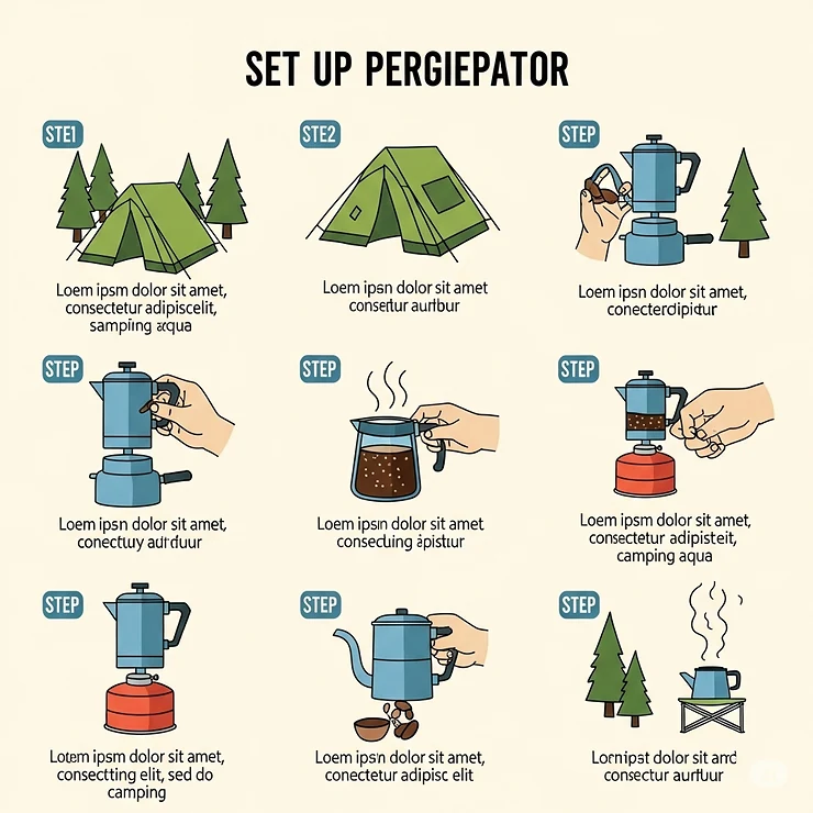 An infographic illustrating the simple steps to set up and use a percolator for making coffee on a camping trip.
