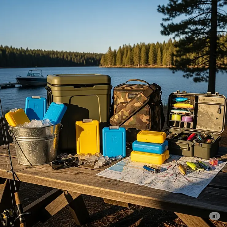 An assortment of top-rated ice packs ready for a camping and fishing trip.