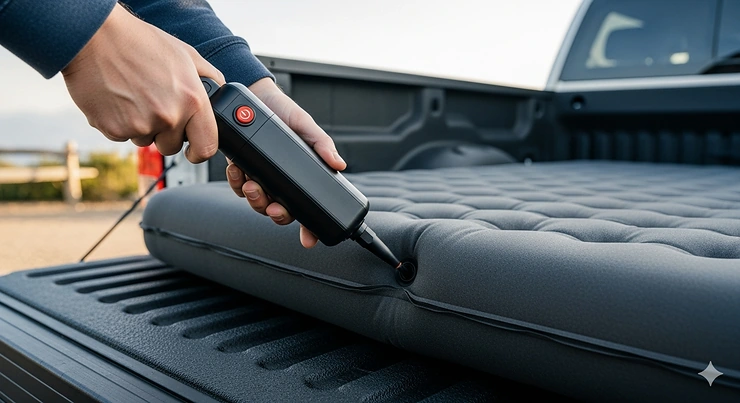 A handheld electric air pump being used to inflate a durable, puncture-resistant mattress for a truck bed.