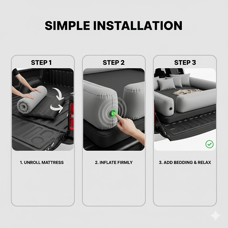 A step-by-step graphic showing the simple process of installing a truck bed blow-up mattress in the back of a pickup.