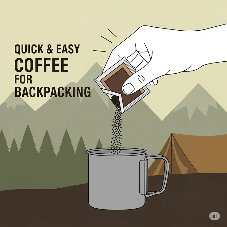 A simple graphic of a hand adding instant coffee grounds into a mug, emphasizing the quick and easy method for making coffee while backpacking.