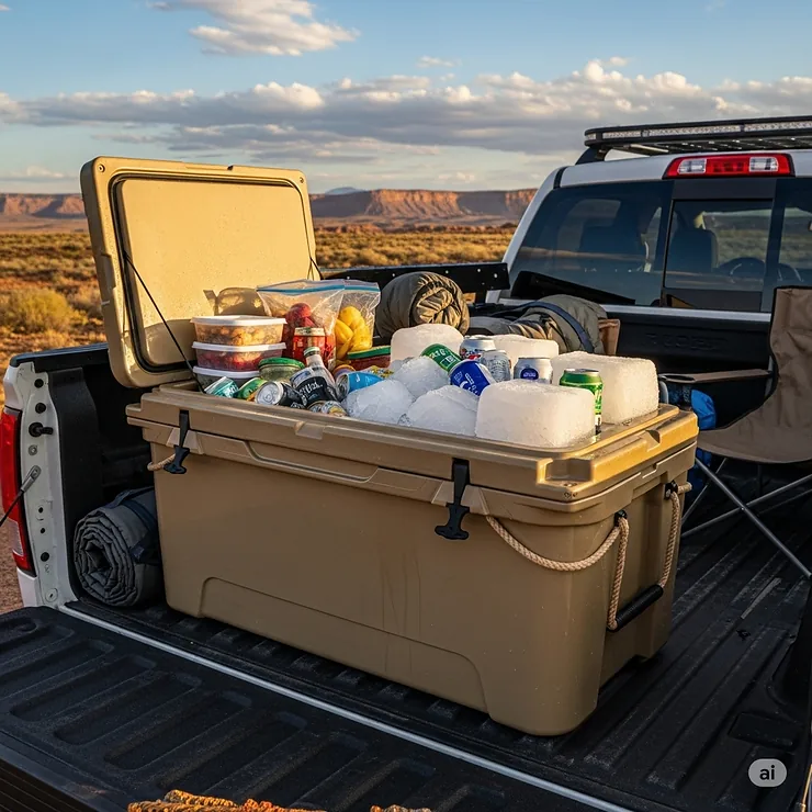 An extra-large, insulated cooler placed in the truck bed, keeping food and beverages cold for multiple days on a long truck camping trip.