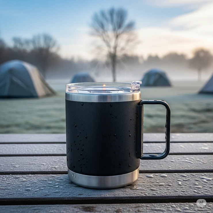 A high-quality insulated camping mug with a secure lid and handle, designed to keep coffee hot for hours on a chilly morning.